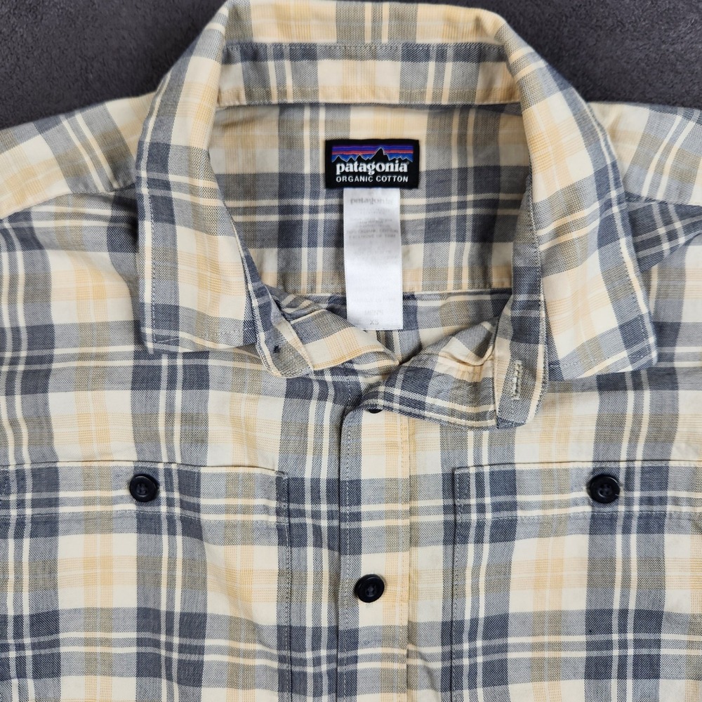 Patagonia Pima Cotton Shirt Mens XS Yellow Gray Plaid Long Sleeve Button 53837